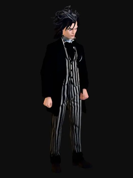 3D model for Gonzo the Great reimagined as Sweeney Todd (Tim Burton style), pale gothic makeup, wild dark hair with a white streak, Victorian barber coat, striped waistcoat, holding a gleaming straight razor. Moody blue-gray lighting, foggy London alley, dramatic shadows, eerie yet whimsical tone, cinematic, highly detailed, dark fantasy character portrait.