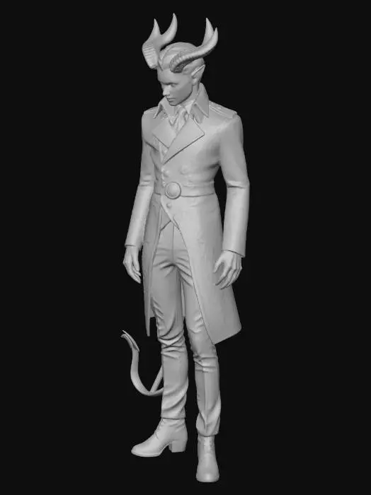 3D model for A tall, unnervingly slender devil figure with elongated limbs and narrow shoulders, his silhouette elegant and slightly exaggerated like a living marionette. Massive curved horns protrude from his skull, sweeping outward and upward with a polished obsidian sheen. His jet-black hair is slicked straight back, glossy and immaculate. He wears a richly detailed Victorian gothic steampunk tailcoat, black with intricate baroque embroidery in dark crimson and antique gold thread, high collar, structured shoulders, fitted waist, and dramatic coattails cascading behind him. He stands in a refined, aristocratic pose—one hand resting behind his back, the other lightly poised at his chest—chin lifted with smug superiority. His eyes glow sulfurous yellow with long serpentine black pupils, predatory and