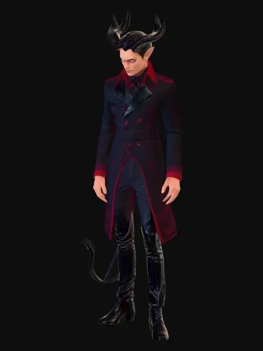 3D model for A tall, unnervingly slender devil figure with elongated limbs and narrow shoulders, his silhouette elegant and slightly exaggerated like a living marionette. Massive curved horns protrude from his skull, sweeping outward and upward with a polished obsidian sheen. His jet-black hair is slicked straight back, glossy and immaculate. He wears a richly detailed Victorian gothic steampunk tailcoat, black with intricate baroque embroidery in dark crimson and antique gold thread, high collar, structured shoulders, fitted waist, and dramatic coattails cascading behind him. He stands in a refined, aristocratic pose—one hand resting behind his back, the other lightly poised at his chest—chin lifted with smug superiority. His eyes glow sulfurous yellow with long serpentine black pupils, predatory and