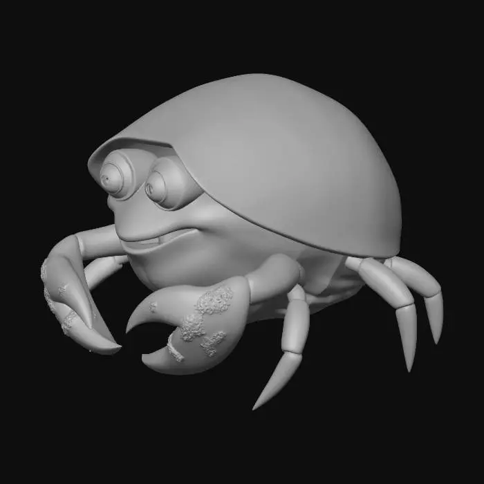 3D model for A cute cartoon hermit crab character named Plucky. He has expressive oversized eyes, a small mischievous smile, and bright orange-red claws. Instead of a traditional shell, he wears a large clear plastic “Big Gulp” style cup as his shell, slightly scuffed and sandy from the beach. The cup is oversized compared to his body and fits over him like armor. His little legs stick out underneath as he scuttles sideways. Fun, colorful, animated movie style, smooth rounded shapes, clean outlines, soft shading, Pixar-inspired 3D cartoon render, vibrant beach setting, bright daylight, character-focused composition, high detail, polished 3D model look.