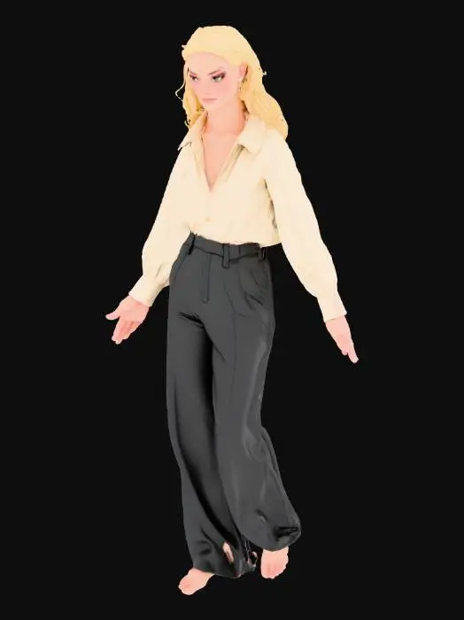 3D model for Curvy slender Ankh-Morpork styled female citizen, pants, tight blouse, blonde ponytail, neutral facial expression, hourglass figure