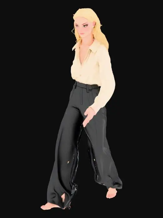 3D model for Curvy slender Ankh-Morpork styled female citizen, pants, tight blouse, blonde ponytail, neutral facial expression, hourglass figure