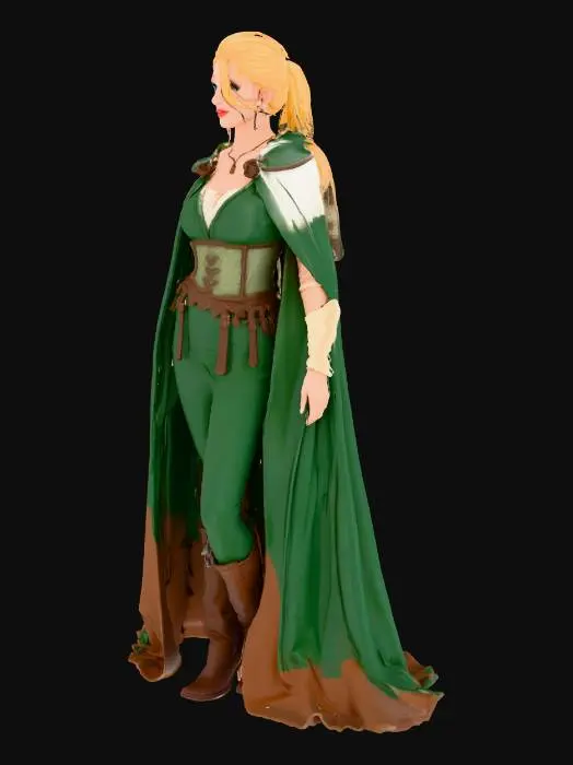 3D model for Very busty curvy and slender medieval tavern waitress, skin tight dress, blonde hair in a ponytail, blue eyes, red lips, smiling