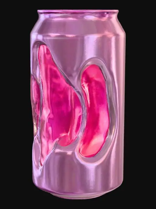 3D model for Canflare (can stem body) 
The prototype is: a can + a plant stem. The external form: with a metal shell as the exoskeleton, flowing plastic liquid inside, a reflective metallic surface, and a semi-fluid interior. A fusion of future technological feel and natural elements, neon colors and fantastical creatures interwoven. Dream core theme. The color is highly saturated neon gradient. The artistic style is surrealism, 3D rendering, psychedelic and vividly colored, with a dreamy concept. It combines digital particles and cyberpunk neon light and shadow, emphasizing the flow of light effects and transparent texture. The background is black and deep to highlight the subject.