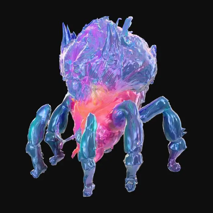 3D model for Dustcrawler (Dust Shaper Bug) 
The prototype is: plastic debris + arthropod. External appearance: rough and irregular shell, color variation. Fusion of future technology and natural elements, neon colors and fantastic creatures interwoven. Dream core theme. The color is highly saturated neon gradient. The artistic style is surrealism, 3D rendering, psychedelic and vividly colored, with a dreamy concept. It combines digital particles and cyberpunk neon light and shadow, emphasizing the flow of light effects and transparent texture. The background is black and deep to highlight the subject.