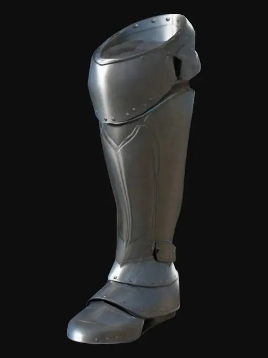 3D model for The object is a leg armor. a sleek, vertically elongated, tapered brown piece with angular geometric sections and a smooth texture, featuring strap-like elements wrapping around it.