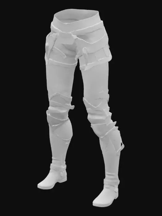 3D model for The object is a leg armor. a sleek, vertically elongated, tapered brown piece with angular geometric sections and a smooth texture, featuring strap-like elements wrapping around it.