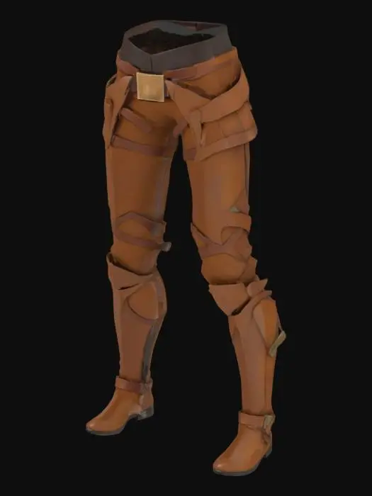 3D model for The object is a leg armor. a sleek, vertically elongated, tapered brown piece with angular geometric sections and a smooth texture, featuring strap-like elements wrapping around it.