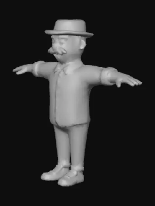 3D model for stylized short man with a mustache, wearing a red hat, a blue dress shirt, and white shoes in front view t-pose