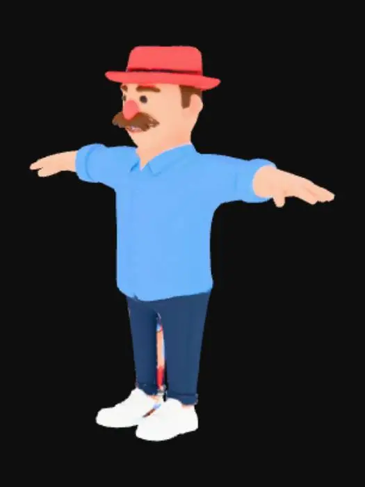 3D model for stylized short man with a mustache, wearing a red hat, a blue dress shirt, and white shoes in front view t-pose