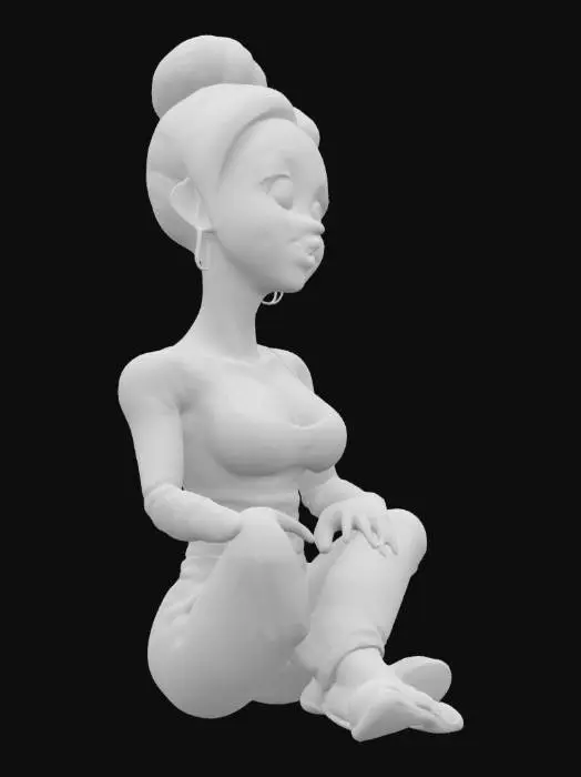 3D model for t pozunda, sarışın, mavi gözlü, balık etli, dolgun göğüslü, orta yaşlı, yüzü çilli, boşanmış, etkileyici, hafif kalın bacaklı, göğüs dekolteli, saçı topuz şeklinde bağlı, çizgi film tarzında, tahrik edici ancak sempatik yüzlü bir kadın.