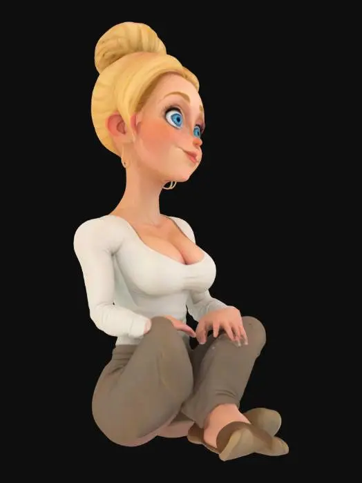 3D model for t pozunda, sarışın, mavi gözlü, balık etli, dolgun göğüslü, orta yaşlı, yüzü çilli, boşanmış, etkileyici, hafif kalın bacaklı, göğüs dekolteli, saçı topuz şeklinde bağlı, çizgi film tarzında, tahrik edici ancak sempatik yüzlü bir kadın.