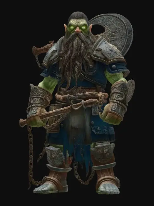 3D model for full body character from head to toe, complete figure, a digital painting in the style of colored pencil of a male cursed undead dwarf warrior, full length portrait showing entire body including legs and feet, inspired by Dungeons and Dragons, by a talented artist, decaying grey cracked skin stretched over a stocky powerful frame, hollow glowing green eyes sunken into a rotting face, long matted braided beard threaded with bones and rusted rings, highly detailed ancient crumbling dwarf plate armor covered in dark runes and curse markings, a massive rusted battle axe crackling with necrotic green energy, broken chains hanging from his wrists, dark wispy necrotic energy swirling around him, dynamic shambling yet imposing stance, solid black background, deep rich saturated colors, high contra