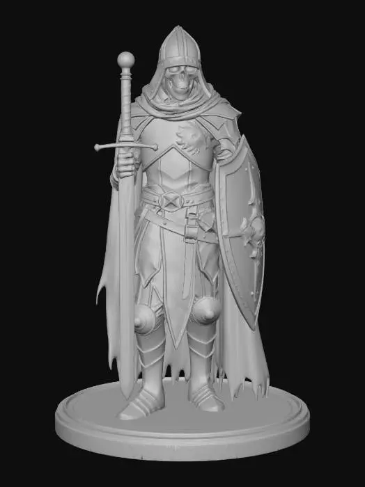 3D model for undead knight in crumbling ancient armor, skeletal face, glowing hollow eyes, rusted sword and shield, tattered cape