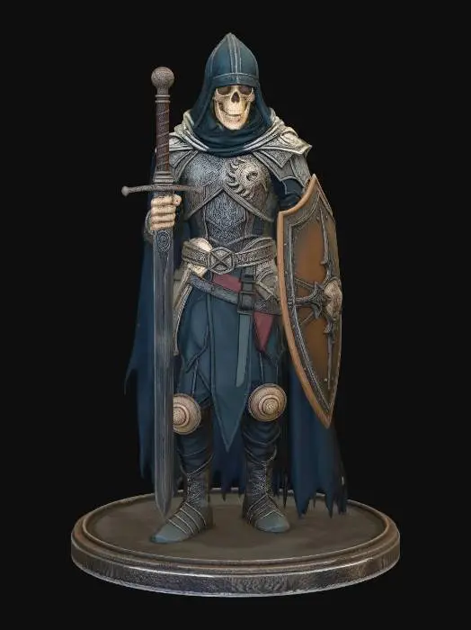 3D model for undead knight in crumbling ancient armor, skeletal face, glowing hollow eyes, rusted sword and shield, tattered cape