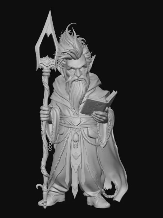 3D model for full body character from head to toe, complete figure, a vibrant digital painting of a male gnome warlock, full length portrait showing entire body including legs and feet, inspired by Dungeons and Dragons, by a talented artist, pale ashen skin with sunken dark rimmed eyes glowing with eerie violet cosmic energy, small and wiry sinister frame, wild unkempt white hair streaked with black, highly detailed dark tattered robes covered in glowing eldritch sigils and cosmic symbols, long twisted staff crackling with swirling void energy and tentacle like wisps, eldritch grimoire chained to his belt pulsing with dark energy, cosmic horror tentacles and void portals swirling around him, an unsettling sinister grin, dynamic menacing casting stance, solid black background, bright vivid saturated
