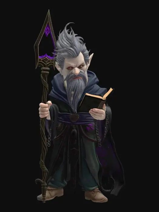 3D model for full body character from head to toe, complete figure, a vibrant digital painting of a male gnome warlock, full length portrait showing entire body including legs and feet, inspired by Dungeons and Dragons, by a talented artist, pale ashen skin with sunken dark rimmed eyes glowing with eerie violet cosmic energy, small and wiry sinister frame, wild unkempt white hair streaked with black, highly detailed dark tattered robes covered in glowing eldritch sigils and cosmic symbols, long twisted staff crackling with swirling void energy and tentacle like wisps, eldritch grimoire chained to his belt pulsing with dark energy, cosmic horror tentacles and void portals swirling around him, an unsettling sinister grin, dynamic menacing casting stance, solid black background, bright vivid saturated