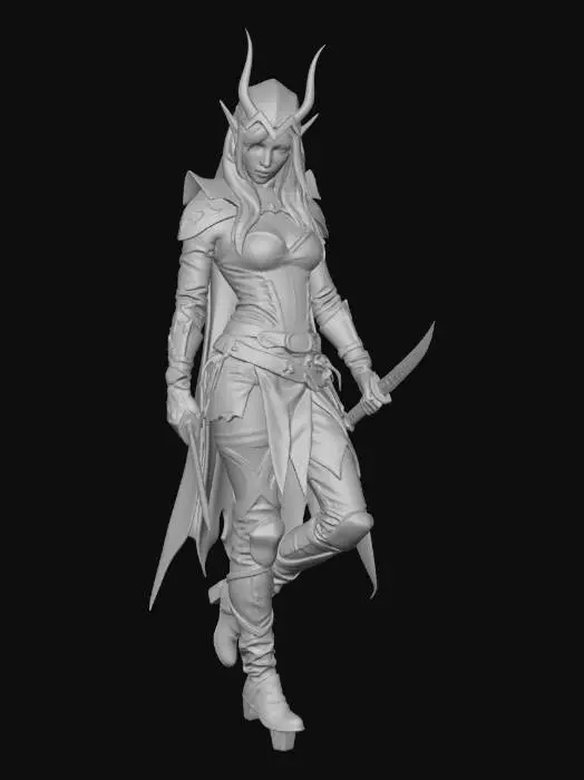 3D model for female dark elf rogue assassin, slim athletic build, sharp angular features, long pointed ears, narrow piercing eyes, long straight silver hair, fitted dark leather stealth armor, layered belts and straps with pouches, thigh-mounted twin daggers, fingerless gloves, high leather boots, short torn cloak, agile deadly stance, dark fantasy aesthetic