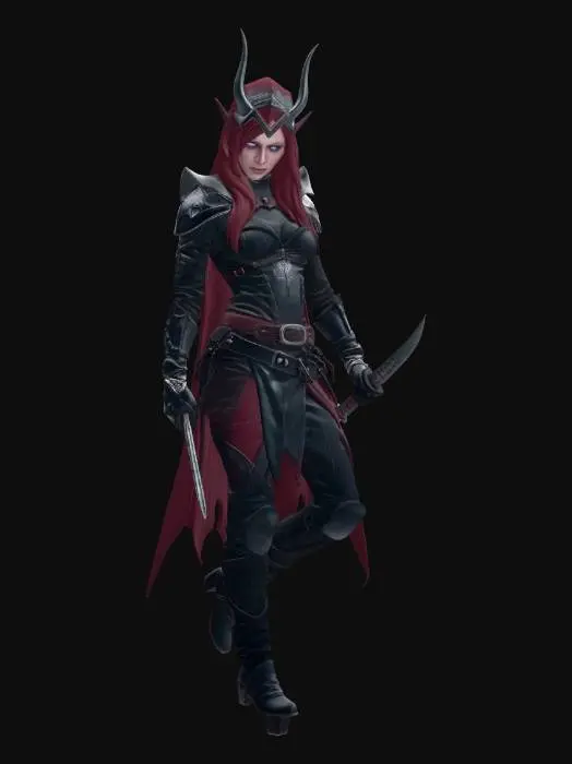 3D model for female dark elf rogue assassin, slim athletic build, sharp angular features, long pointed ears, narrow piercing eyes, long straight silver hair, fitted dark leather stealth armor, layered belts and straps with pouches, thigh-mounted twin daggers, fingerless gloves, high leather boots, short torn cloak, agile deadly stance, dark fantasy aesthetic