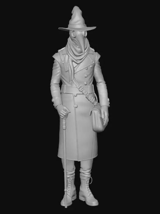 3D model for male plague doctor, tall slender figure, long heavy leather overcoat with many buttons and buckles down the front, iconic long curved beak mask with glass eye lenses, wide brimmed leather hat, leather gloves, high leather boots with buckle straps, leather satchel overflowing with potion vials and medical tools, walking cane with ornate handle, multiple potion vials and glass bottles hanging from belt, long scarf wrapped around neck tucked into coat, mysterious and ominous standing pose, full body