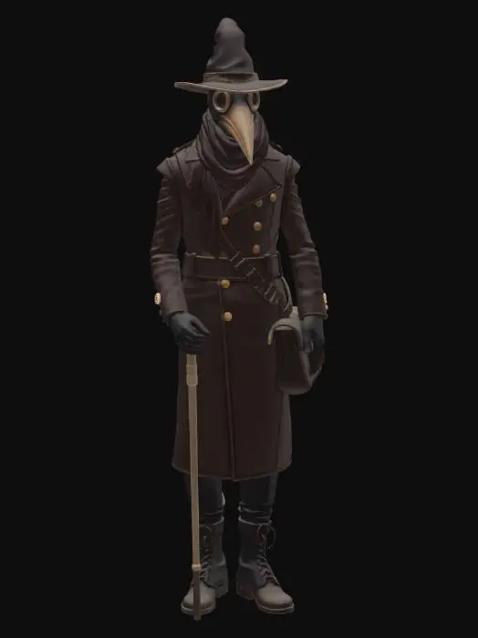 3D model for male plague doctor, tall slender figure, long heavy leather overcoat with many buttons and buckles down the front, iconic long curved beak mask with glass eye lenses, wide brimmed leather hat, leather gloves, high leather boots with buckle straps, leather satchel overflowing with potion vials and medical tools, walking cane with ornate handle, multiple potion vials and glass bottles hanging from belt, long scarf wrapped around neck tucked into coat, mysterious and ominous standing pose, full body