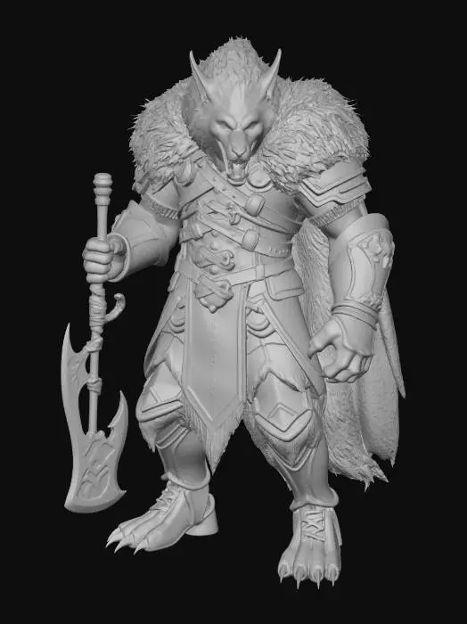 3D model for werewolf warlord, massive hulking half wolf half human figure mid transformation, elongated snarling wolf snout with fangs, pointed ears, clawed hands bursting through gauntlets, heavy battle worn plate armor cracking and splitting from expanding body, fur bursting through gaps in armor, broad powerful shoulders, war axe in clawed hand, tattered fur lined cape, digitigrade wolf legs, full body