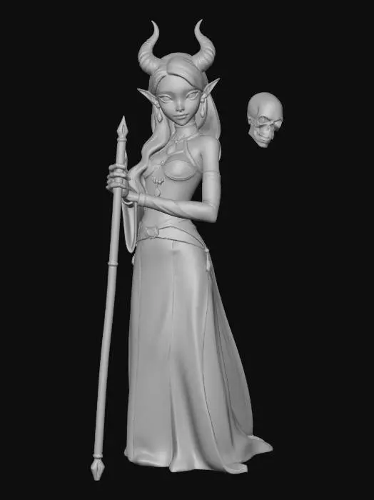 3D model for female tiefling necromancer, Disney Tangled stylized, smooth rounded features, large expressive eyes, elegant slender figure, small curved horns, long flowing dark hair, fitted elegant dark robes with flowing sleeves, ornate bone and gem jewelry, slender tail, long staff with skull topper, delicate skeletal hand reaching from robes, poised graceful stance, full body