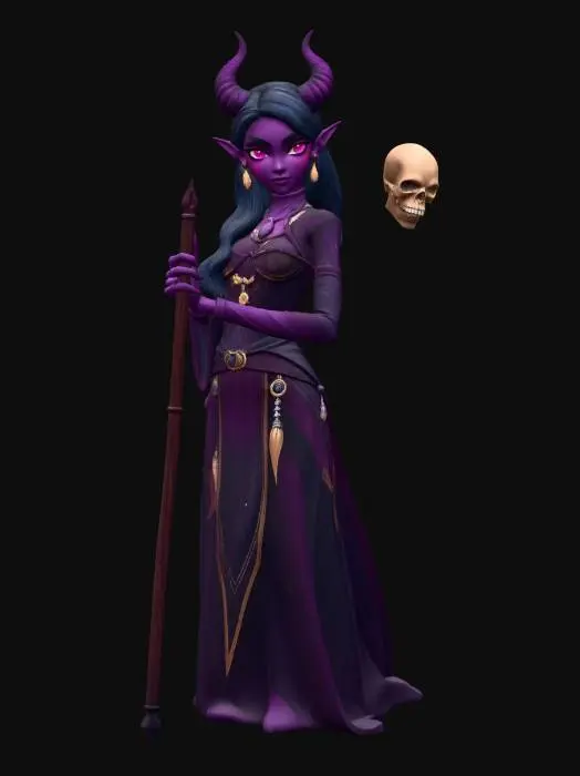 3D model for female tiefling necromancer, Disney Tangled stylized, smooth rounded features, large expressive eyes, elegant slender figure, small curved horns, long flowing dark hair, fitted elegant dark robes with flowing sleeves, ornate bone and gem jewelry, slender tail, long staff with skull topper, delicate skeletal hand reaching from robes, poised graceful stance, full body