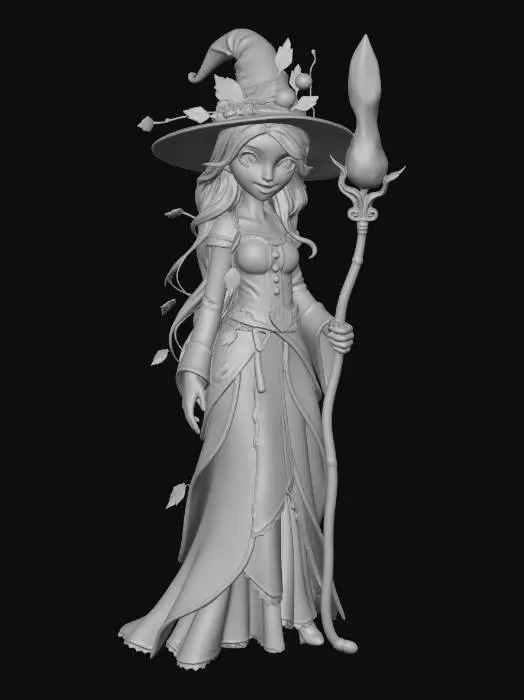 3D model for female autumn witch, Disney Tangled stylized, smooth rounded features, large expressive eyes, elegant slender figure, long wild auburn hair with leaves and twigs woven through, layered robes of warm oranges reds and golds with leaf pattern trim, swirling leaf armor pauldrons and bracers, wide brimmed hat adorned with acorns and berries, tall harvest staff topped with glowing amber crystal and autumn leaves, belt with potion vials and seed pouches, bare feet, warm confident stance, full body