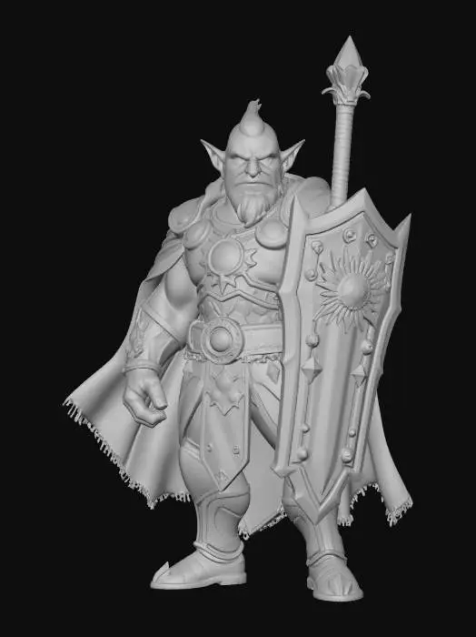 3D model for male orc paladin radiant crusader, Disney Tangled stylized, smooth rounded features, large expressive eyes, massive broad shouldered muscular figure, small rounded tusks, short hair, gleaming ornate holy plate armor with sun emblem, flowing white and gold cape, large shield with radiant sun crest, broad sword radiating divine light, golden pauldrons and gauntlets, confident heroic stance, full body