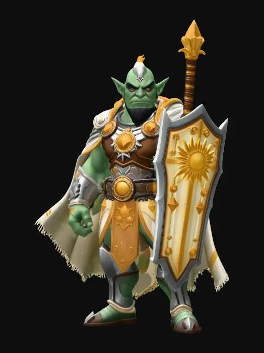 3D model for male orc paladin radiant crusader, Disney Tangled stylized, smooth rounded features, large expressive eyes, massive broad shouldered muscular figure, small rounded tusks, short hair, gleaming ornate holy plate armor with sun emblem, flowing white and gold cape, large shield with radiant sun crest, broad sword radiating divine light, golden pauldrons and gauntlets, confident heroic stance, full body