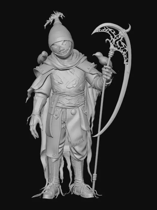 3D model for scarecrow knight, Disney Tangled stylized, tall lanky figure, burlap sack head with carved stitched smile and glowing jack o lantern eyes, straw stuffed body poking through gaps in armor, patchwork leather and iron plate armor with autumn leaf emblems, tattered cape of woven corn husks and dried leaves, large ornate harvest scythe with glowing amber blade, belt with seed pouches and dried herb bundles, crow companion perched on shoulder, long straw fingers poking through gauntlets, confident eerie stance, full body