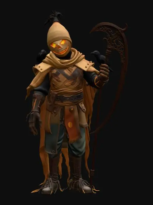 3D model for scarecrow knight, Disney Tangled stylized, tall lanky figure, burlap sack head with carved stitched smile and glowing jack o lantern eyes, straw stuffed body poking through gaps in armor, patchwork leather and iron plate armor with autumn leaf emblems, tattered cape of woven corn husks and dried leaves, large ornate harvest scythe with glowing amber blade, belt with seed pouches and dried herb bundles, crow companion perched on shoulder, long straw fingers poking through gauntlets, confident eerie stance, full body