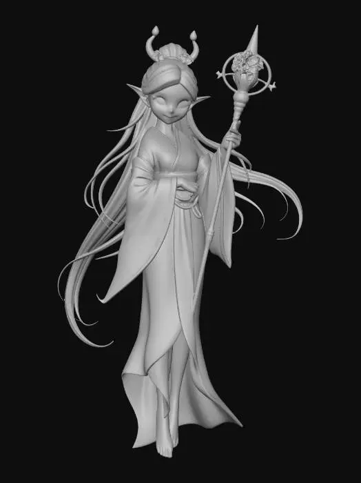 3D model for female cherry blossom spirit, Disney Tangled stylized, smooth rounded features, large expressive eyes, ethereal slender figure, long flowing pink and white hair with sakura blossoms floating through it, delicate pointed ears, layered flowing ethereal robes in soft pinks and whites, wide flowing sleeves trailing petals, ornate floral obi sash, bare feet, delicate petal crown, slender staff of white wood with blooming cherry blossom topper, swirling cherry blossom petals orbiting her body, serene floating pose, full body
