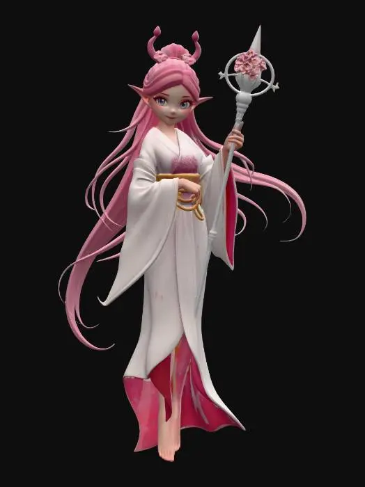 3D model for female cherry blossom spirit, Disney Tangled stylized, smooth rounded features, large expressive eyes, ethereal slender figure, long flowing pink and white hair with sakura blossoms floating through it, delicate pointed ears, layered flowing ethereal robes in soft pinks and whites, wide flowing sleeves trailing petals, ornate floral obi sash, bare feet, delicate petal crown, slender staff of white wood with blooming cherry blossom topper, swirling cherry blossom petals orbiting her body, serene floating pose, full body