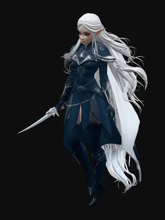 3D model for female elven moonweaver assassin, Disney Tangled stylized, smooth rounded features, large expressive eyes, slender athletic figure, long pointed ears, long flowing silver white hair floating weightlessly, fitted sleek dark navy and silver assassin armor with crescent moon emblems, flowing translucent moonlit cape, twin curved blades with silver crescent edges, silver magical thread wrapped around fingers and wrists trailing behind, soft leather boots, crescent moon hair ornament, graceful mid shadow step floating pose, full body