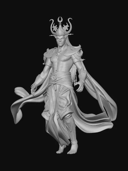 3D model for male sandstorm djinn, Disney Tangled stylized, smooth rounded features, large expressive eyes, tall powerful ethereal figure, lower body dissolving into swirling sand and wind, ornate golden desert armor with crescent and star emblems, flowing silk sash and shoulder wraps, elaborate golden headdress with jewel centerpiece, swirling sand armor pauldrons, bare muscular chest with gold jewelry and chains, hands crackling with swirling sand magic, dramatic billowing sand cloak, commanding floating pose, full body