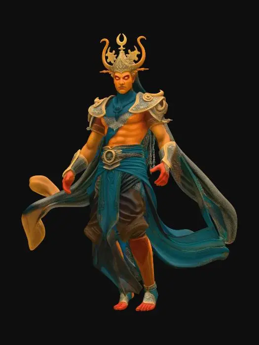 3D model for male sandstorm djinn, Disney Tangled stylized, smooth rounded features, large expressive eyes, tall powerful ethereal figure, lower body dissolving into swirling sand and wind, ornate golden desert armor with crescent and star emblems, flowing silk sash and shoulder wraps, elaborate golden headdress with jewel centerpiece, swirling sand armor pauldrons, bare muscular chest with gold jewelry and chains, hands crackling with swirling sand magic, dramatic billowing sand cloak, commanding floating pose, full body