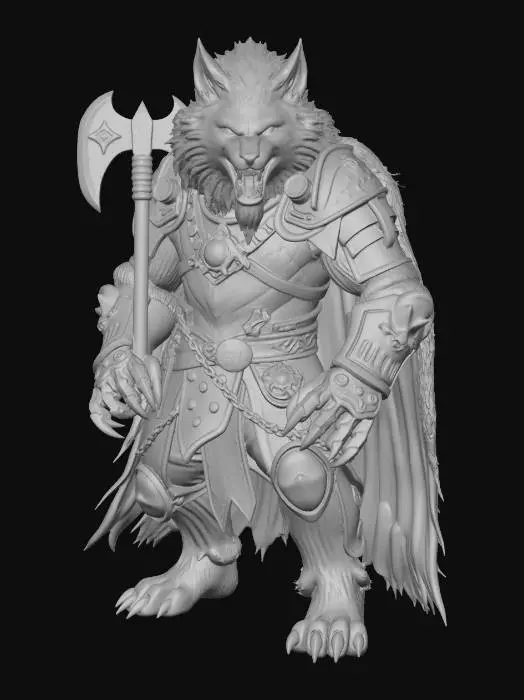 3D model for werewolf warlord, Disney Tangled stylized, smooth rounded features, large expressive eyes, massive broad hulking figure mid transformation, elongated wolf snout with prominent fangs, large pointed wolf ears, thick fur bursting through cracking plate armor, clawed hands gripping large war axe, heavy ornate plate armor splitting at seams, flowing tattered fur lined cape, digitigrade wolf legs, powerful confident battle stance, full body