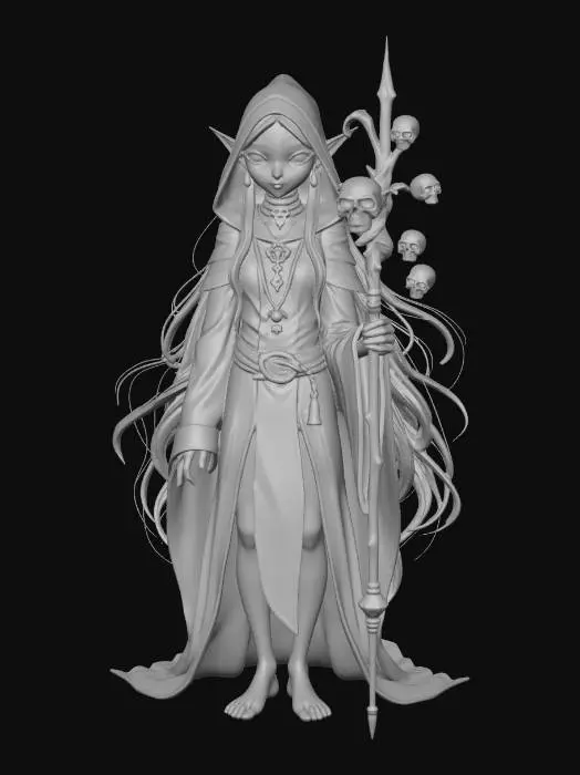 3D model for female elf death witch, Disney Tangled stylized, smooth rounded features, large expressive eyes, slender elegant figure, long pointed ears, long flowing white hair, layered dark robes with flowing sleeves and hood, bone and skull hair adornments, ornate bone necklaces and skull charms, belt with potion vials and hanging bones, elegant staff topped with glowing skull, small floating skull minions orbiting her, bare feet, mysterious graceful stance, full body
