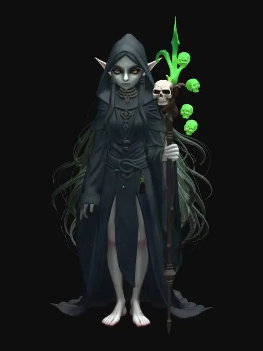3D model for female elf death witch, Disney Tangled stylized, smooth rounded features, large expressive eyes, slender elegant figure, long pointed ears, long flowing white hair, layered dark robes with flowing sleeves and hood, bone and skull hair adornments, ornate bone necklaces and skull charms, belt with potion vials and hanging bones, elegant staff topped with glowing skull, small floating skull minions orbiting her, bare feet, mysterious graceful stance, full body