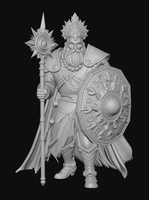 3D model for male human war priest, Disney Tangled stylized, smooth rounded features, large expressive eyes, tall broad muscular figure, short rough beard, ornate heavy plate armor with sacred sun engravings, tattered holy robes beneath armor with sacred symbols, large battle shield with blazing sun crest, massive flanged mace with glowing golden head, prayer beads and holy relics on belt, war paint on face, flowing tattered holy cape, aggressive charging battle stance, full body