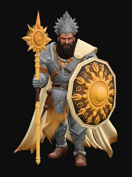 3D model for male human war priest, Disney Tangled stylized, smooth rounded features, large expressive eyes, tall broad muscular figure, short rough beard, ornate heavy plate armor with sacred sun engravings, tattered holy robes beneath armor with sacred symbols, large battle shield with blazing sun crest, massive flanged mace with glowing golden head, prayer beads and holy relics on belt, war paint on face, flowing tattered holy cape, aggressive charging battle stance, full body