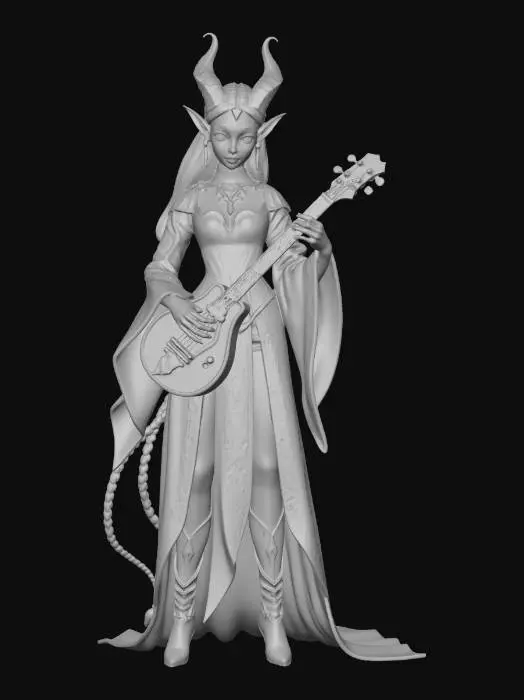3D model for female tiefling bard enchantress, Disney Tangled stylized, smooth rounded features, large expressive eyes, slender elegant figure, small elegant curved horns, long flowing hair, ornate fitted performance robes with wide flowing sleeves, decorative corset with gold trim, elegant jewelry and rings on every finger, slim decorated tail, beautifully crafted lute with glowing strings, enchantment magic wisps swirling around hands, high heeled boots, confident poised performance stance, full body