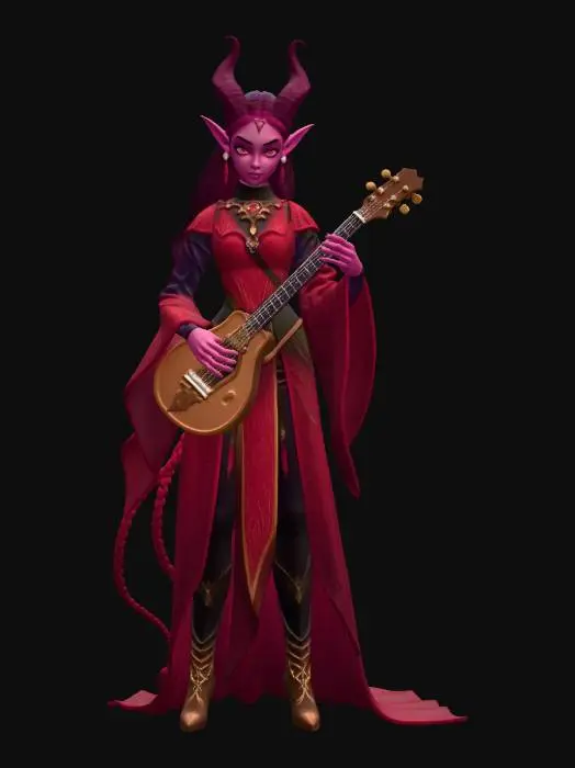3D model for female tiefling bard enchantress, Disney Tangled stylized, smooth rounded features, large expressive eyes, slender elegant figure, small elegant curved horns, long flowing hair, ornate fitted performance robes with wide flowing sleeves, decorative corset with gold trim, elegant jewelry and rings on every finger, slim decorated tail, beautifully crafted lute with glowing strings, enchantment magic wisps swirling around hands, high heeled boots, confident poised performance stance, full body