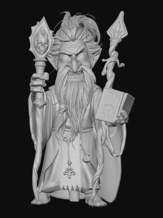 3D model for male gnome warlock Disney villain, Tangled stylized, exaggerated sinister features, large menacing glowing eyes, long crooked nose, wide unsettling toothy grin, small hunched wiry figure with dramatic exaggerated proportions, wild dramatic white hair streaked with black sweeping upward, long scraggly beard with dark charms, long spindly fingers with sharp curved nails, dramatically oversized dark tattered robes with wide sweeping sleeves, glowing eldritch sigils on robes, long gnarled twisted staff with crackling void energy skull topper, eldritch grimoire chained to belt, dramatic menacing villainous casting pose, full body