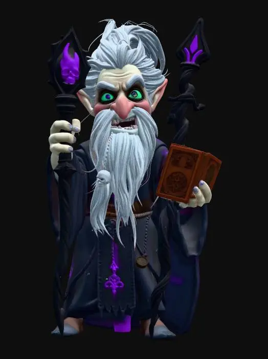 3D model for male gnome warlock Disney villain, Tangled stylized, exaggerated sinister features, large menacing glowing eyes, long crooked nose, wide unsettling toothy grin, small hunched wiry figure with dramatic exaggerated proportions, wild dramatic white hair streaked with black sweeping upward, long scraggly beard with dark charms, long spindly fingers with sharp curved nails, dramatically oversized dark tattered robes with wide sweeping sleeves, glowing eldritch sigils on robes, long gnarled twisted staff with crackling void energy skull topper, eldritch grimoire chained to belt, dramatic menacing villainous casting pose, full body