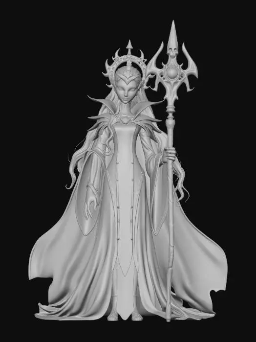 3D model for female undead overlord Disney villain, Tangled stylized, exaggerated sinister features, large menacing glowing eyes, sharp dramatic cheekbones, imperious cold expression, tall imposing elegant figure with dramatic exaggerated proportions, long dramatic flowing white silver hair sweeping behind her, large ornate elaborate bone crown with dark gemstones sweeping dramatically upward, dramatically oversized layered black and deep purple royal robes with wide sweeping sleeves and long dramatic train, long spindly elegant fingers with sharp dark nails crackling with necrotic energy, towering dark staff with glowing soul gem topper, flowing dramatic dark cape billowing behind, spectral skull minions orbiting her, commanding imperious villainous stance, full body