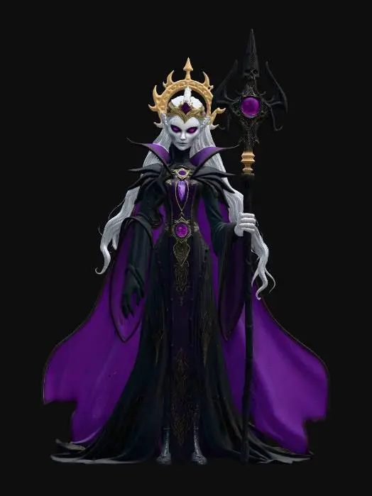 3D model for female undead overlord Disney villain, Tangled stylized, exaggerated sinister features, large menacing glowing eyes, sharp dramatic cheekbones, imperious cold expression, tall imposing elegant figure with dramatic exaggerated proportions, long dramatic flowing white silver hair sweeping behind her, large ornate elaborate bone crown with dark gemstones sweeping dramatically upward, dramatically oversized layered black and deep purple royal robes with wide sweeping sleeves and long dramatic train, long spindly elegant fingers with sharp dark nails crackling with necrotic energy, towering dark staff with glowing soul gem topper, flowing dramatic dark cape billowing behind, spectral skull minions orbiting her, commanding imperious villainous stance, full body