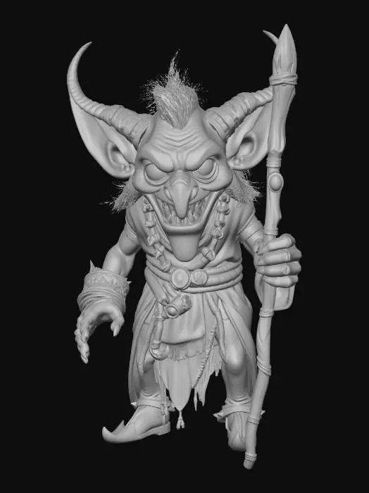 3D model for goblin shaman Disney villain, Tangled stylized, exaggerated sinister features, large menacing glowing eyes, long crooked nose, wide toothy mischievous grin, large pointed ears, small hunched wiry figure with dramatic exaggerated proportions, wild scraggly hair adorned with feathers and bones, layered ragged tribal robes with wide dramatic sleeves, ornate tribal bone jewelry and colorful bead adornments, rope belt with hanging charms and pouches, gnarled wooden staff with skull and glowing crystal topper, bare feet with wrapped cloth bindings, dramatic menacing villainous stance, full body
